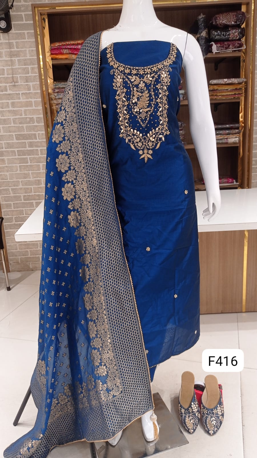 Regal Blue | Imported Maheshwari Silk Dress Material | Neck Work | Banarasi Silk Dupatta