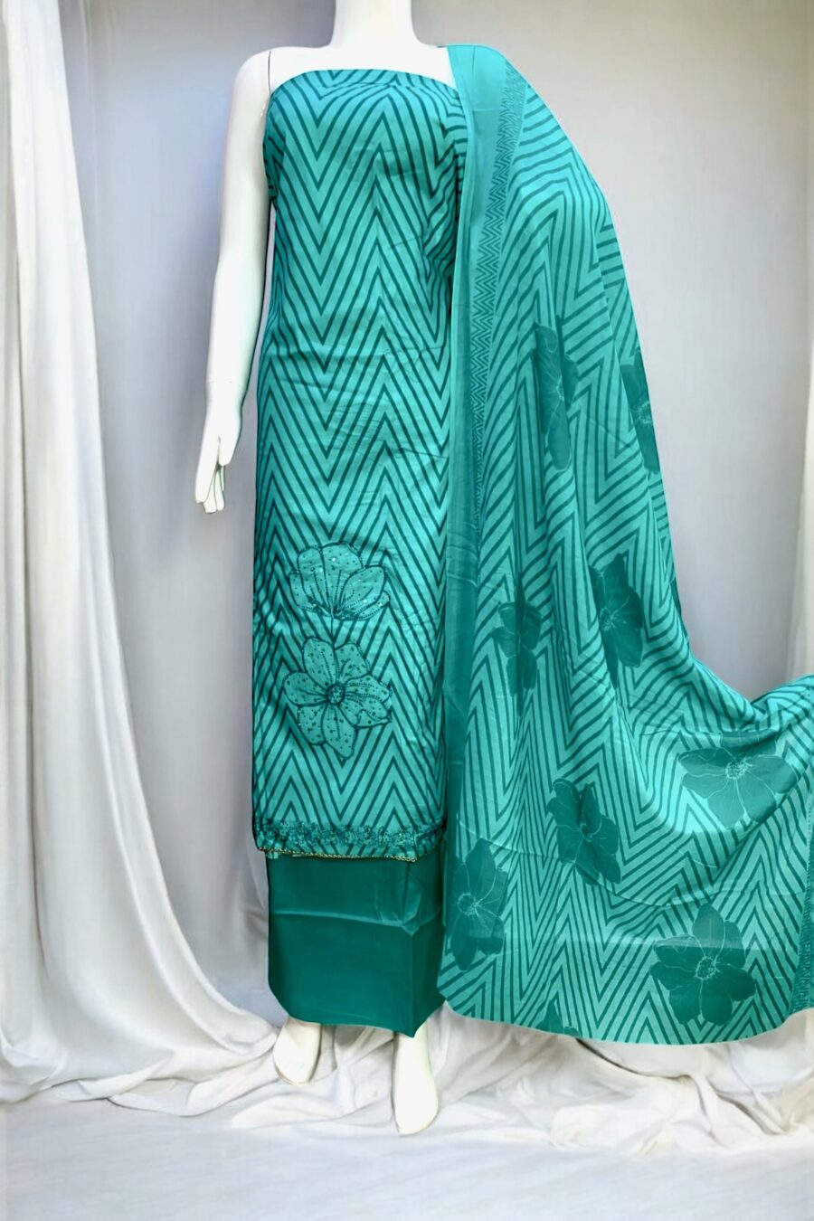 Deep Sea Green Pure Cotton Suit with Swarovski Highlights and Cotton Dupatta – 5m Unstitched Fabric for Women