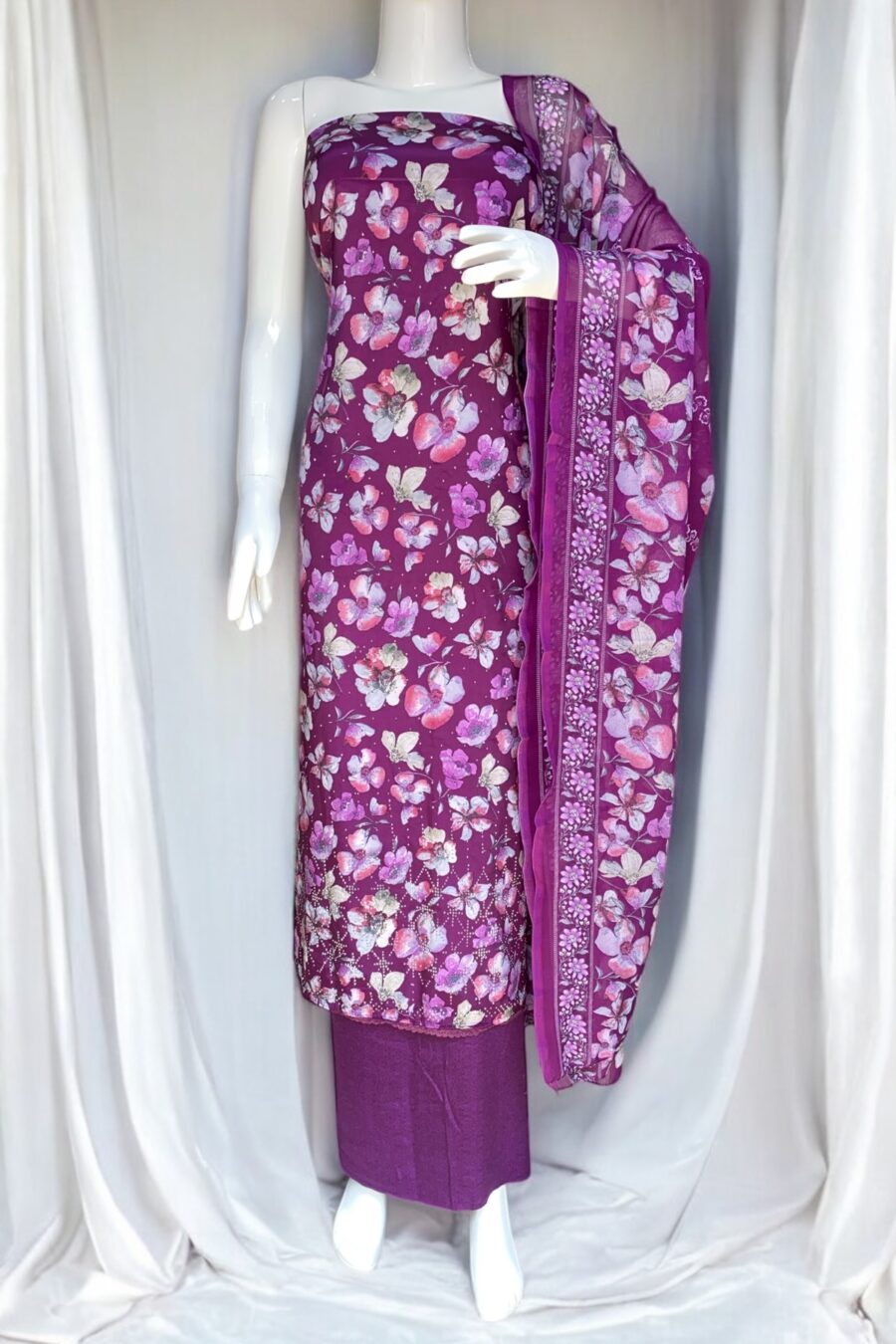 Magenta Purple Floral Suit – Luxe Crepe with Diamond Work