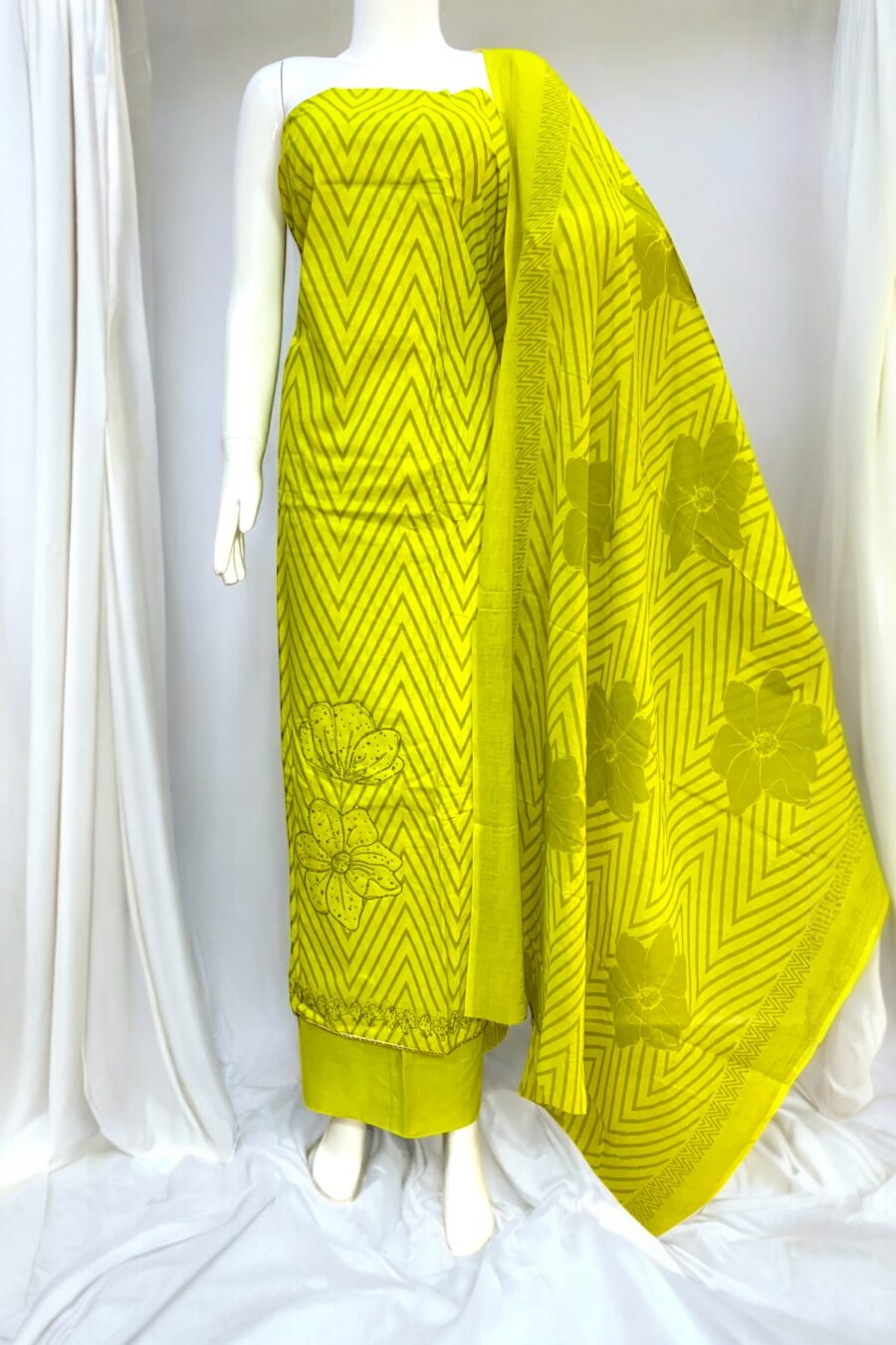 Mustard Green Pure Cotton Suit with Swarovski Highlights and Mulmul Dupatta