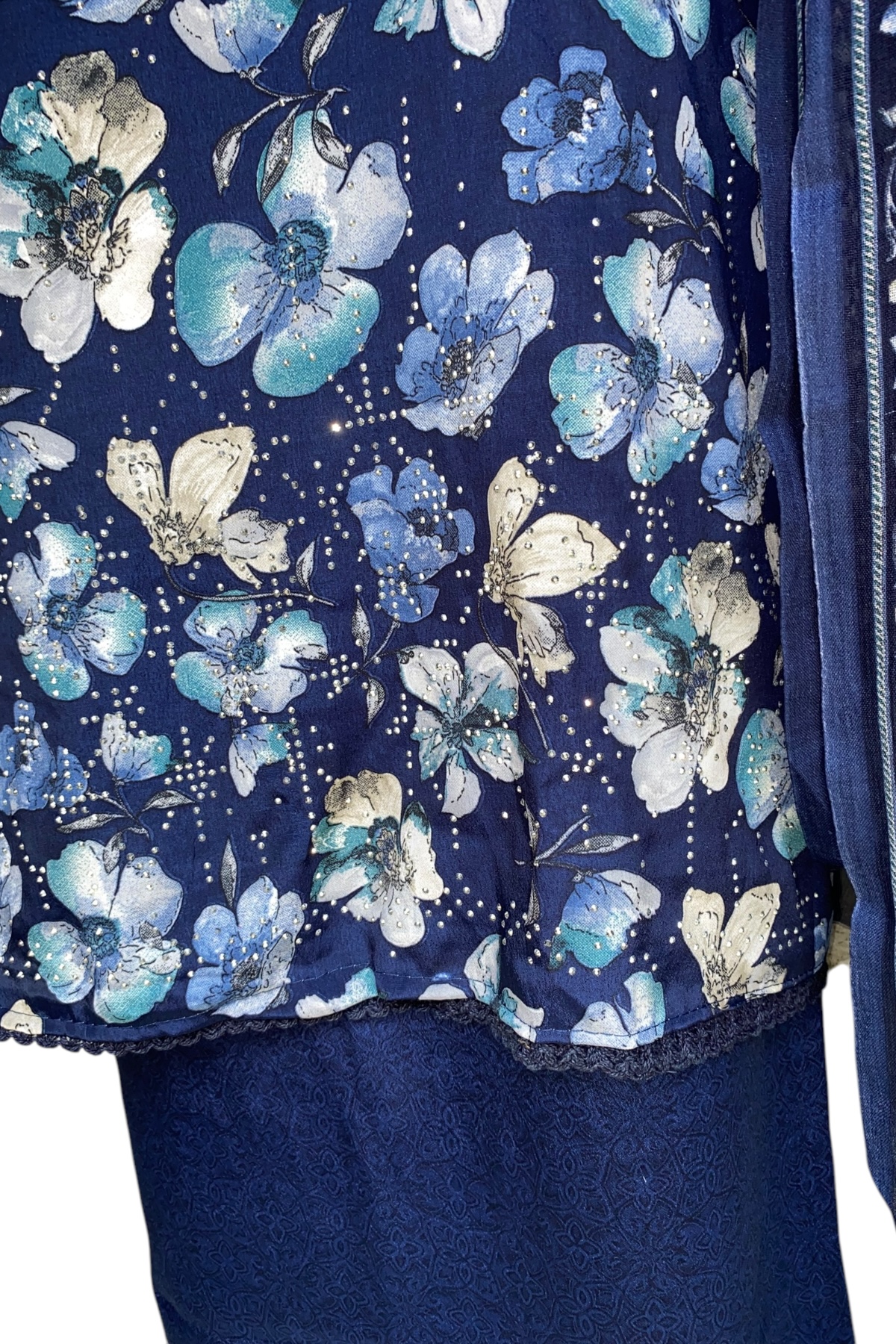 Navy Blue Floral Suit – Luxe Crepe with Diamond Work