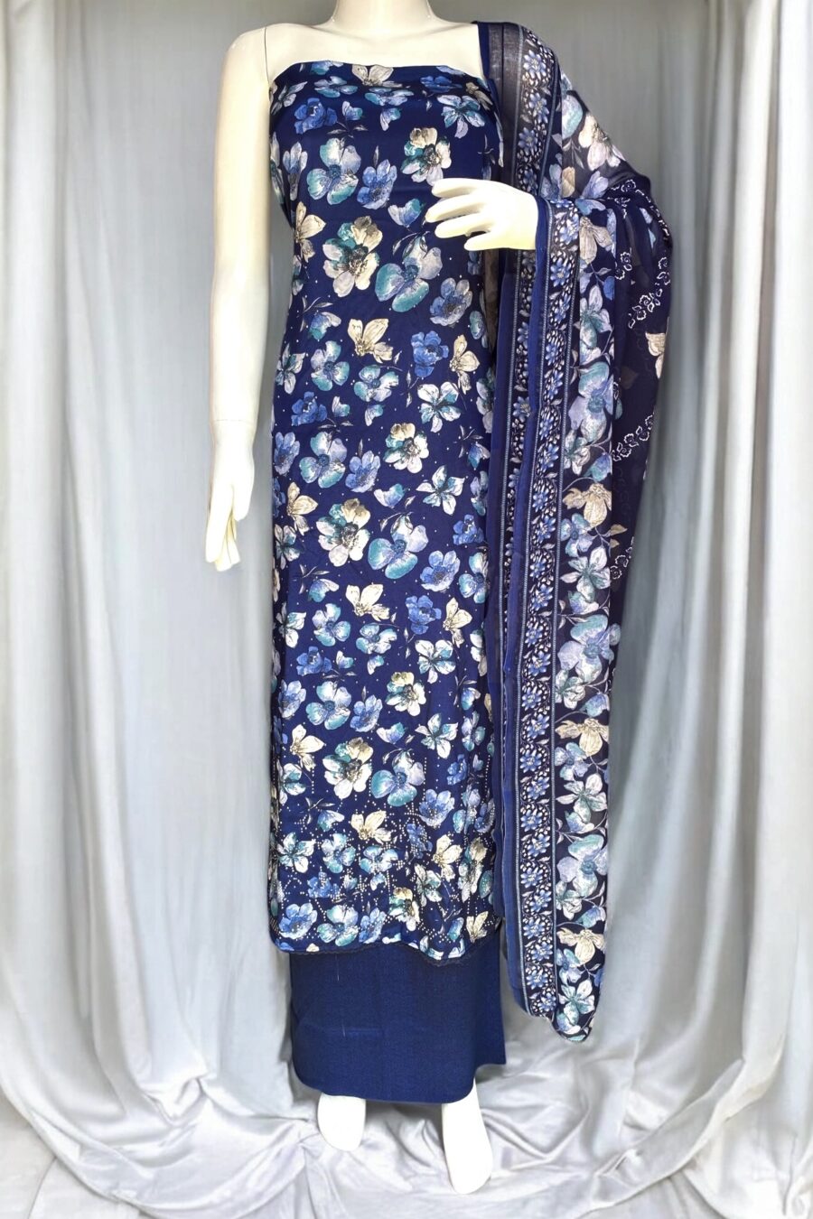 Navy Blue Floral Suit – Luxe Crepe with Diamond Work