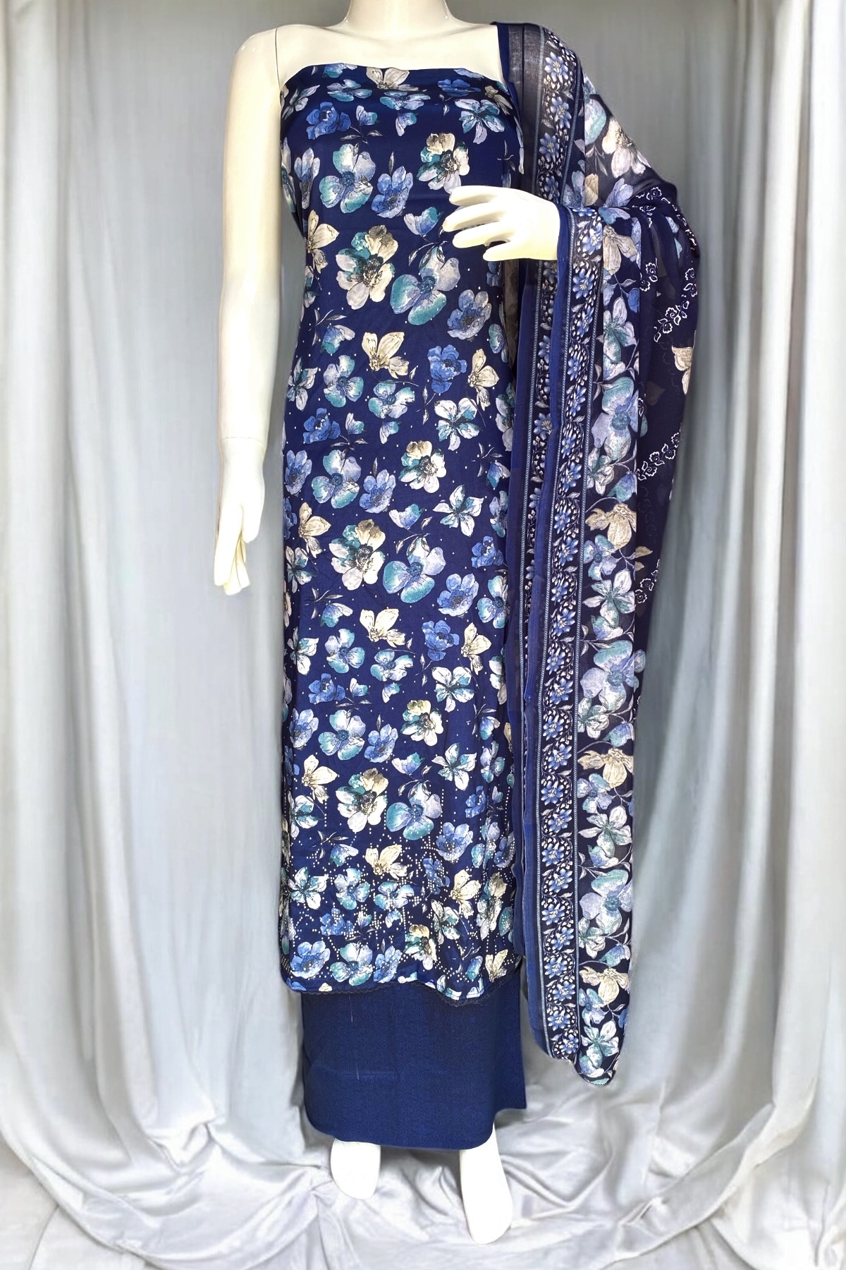 Navy Blue Floral Suit – Luxe Crepe with Diamond Work