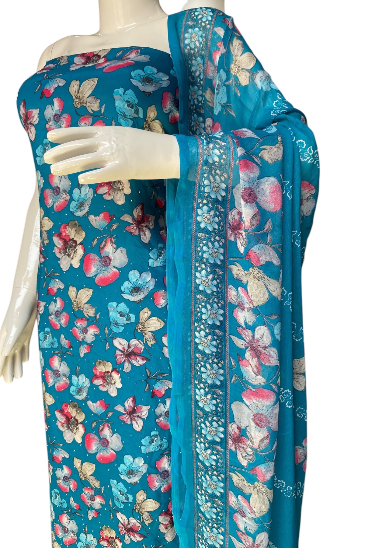Peacock Blue Floral Suit – Luxe Crepe with Diamond Work
