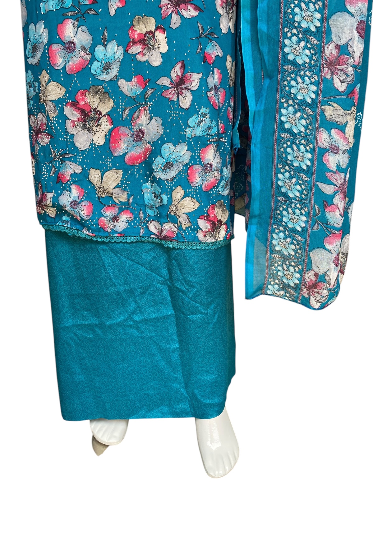 Peacock Blue Floral Suit – Luxe Crepe with Diamond Work