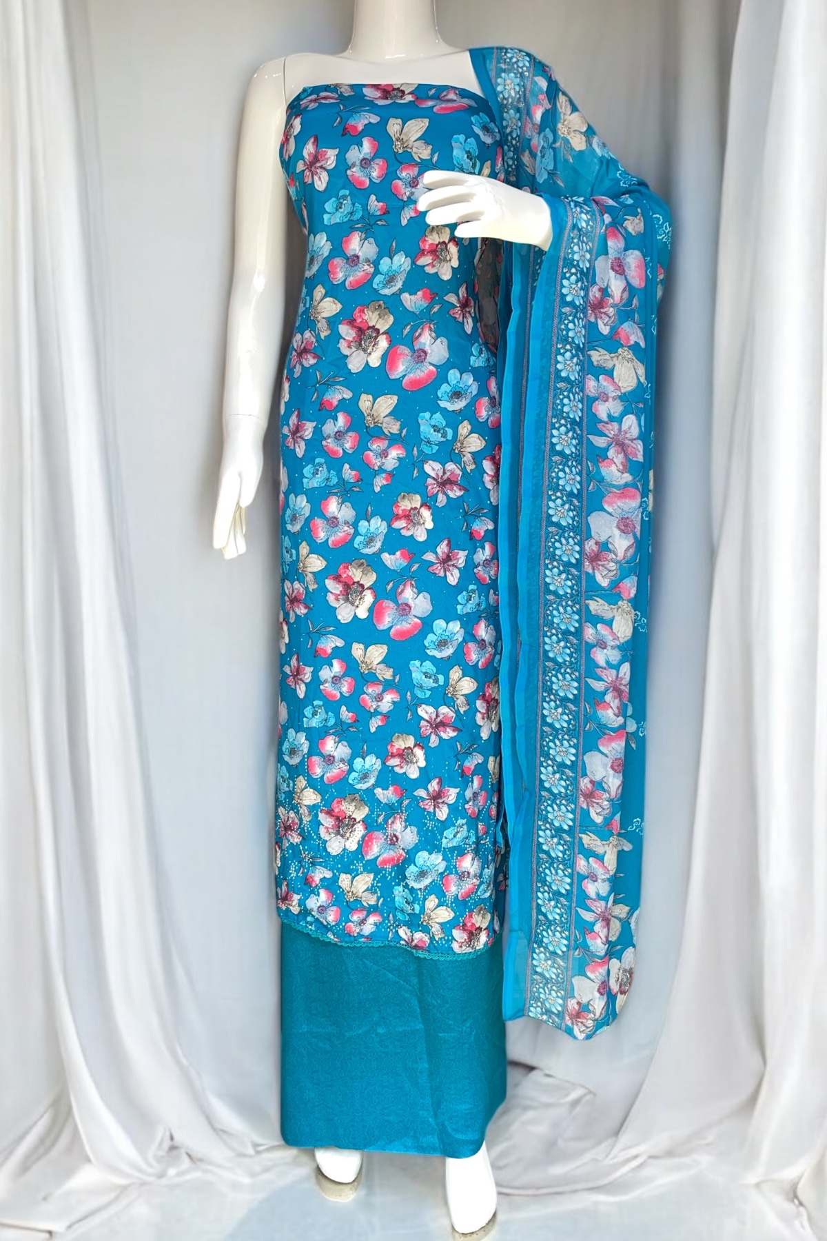 Peacock Blue Floral Suit – Luxe Crepe with Diamond Work