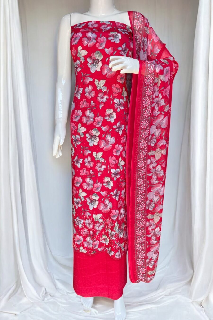 Pinkish Red Floral Suit – Luxe Crepe with Diamond Work