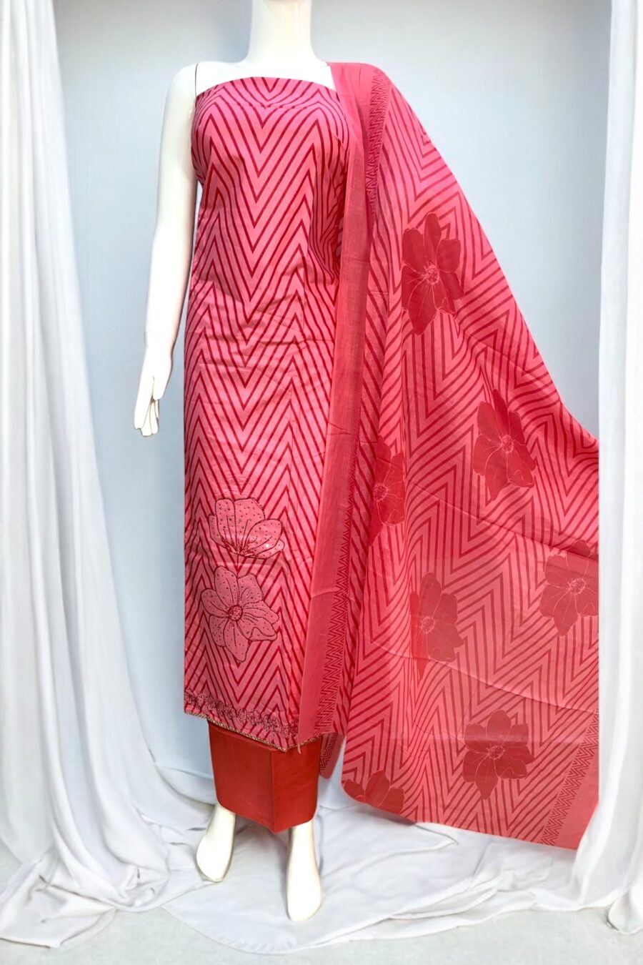 Pinkish Red Pure Cotton Suit with Swarovski Highlights - Unstitched Salwar Suit