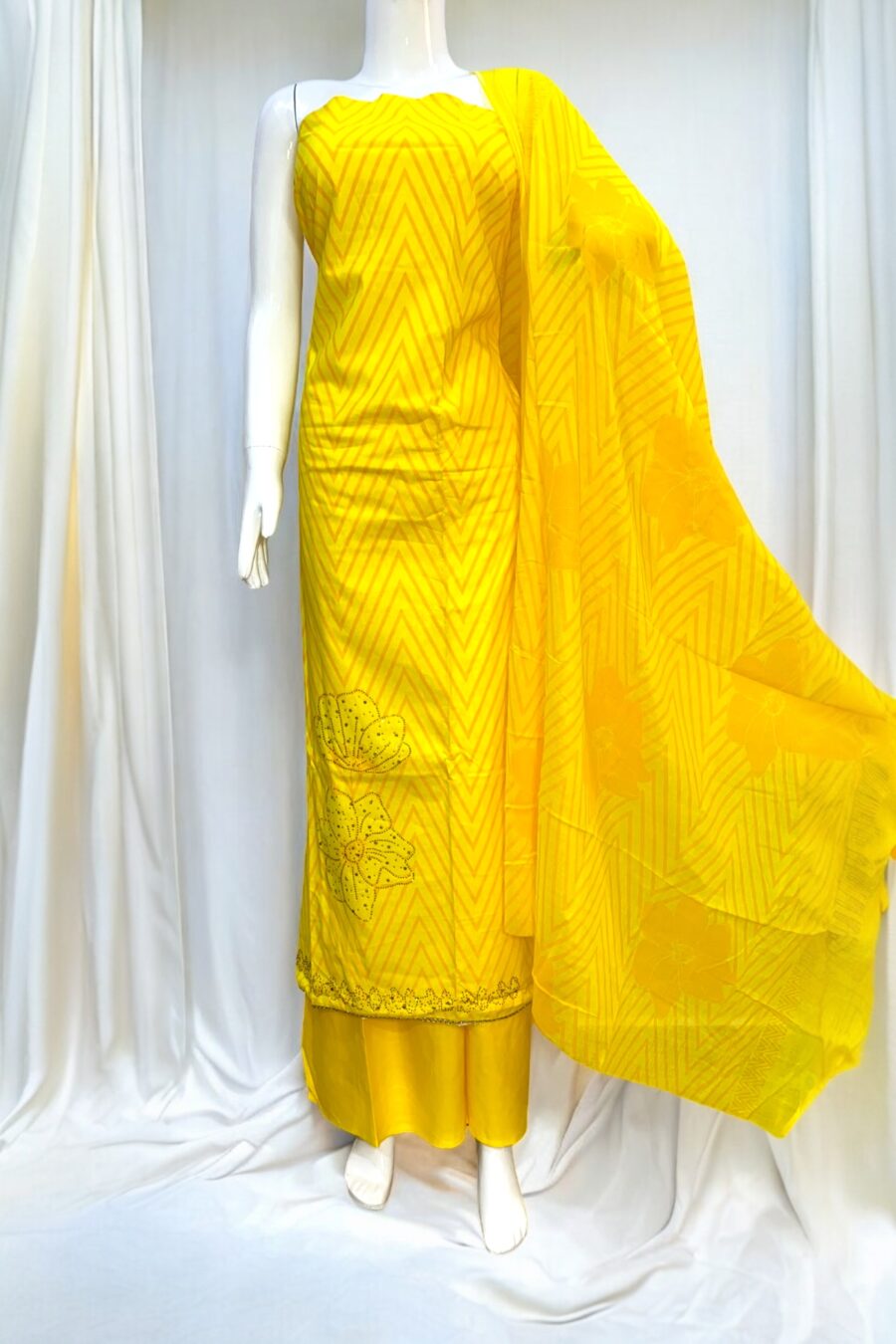 Pure Cotton Suit with Cotton Dupatta featuring Swarovski Highlights - Yellow Colour