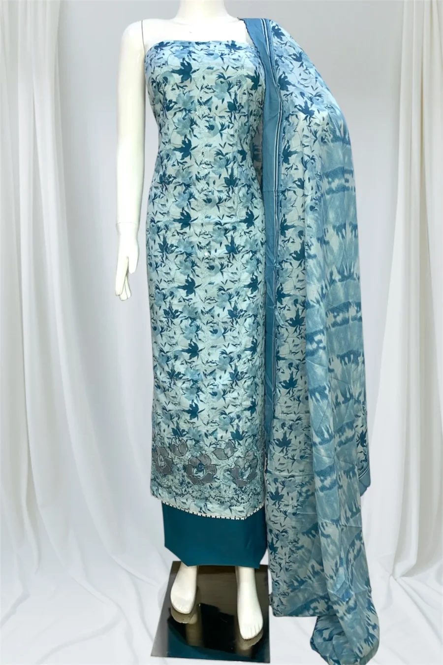 Pure Cotton Unstitched Suit with Pure Cotton Dupatta- Blue