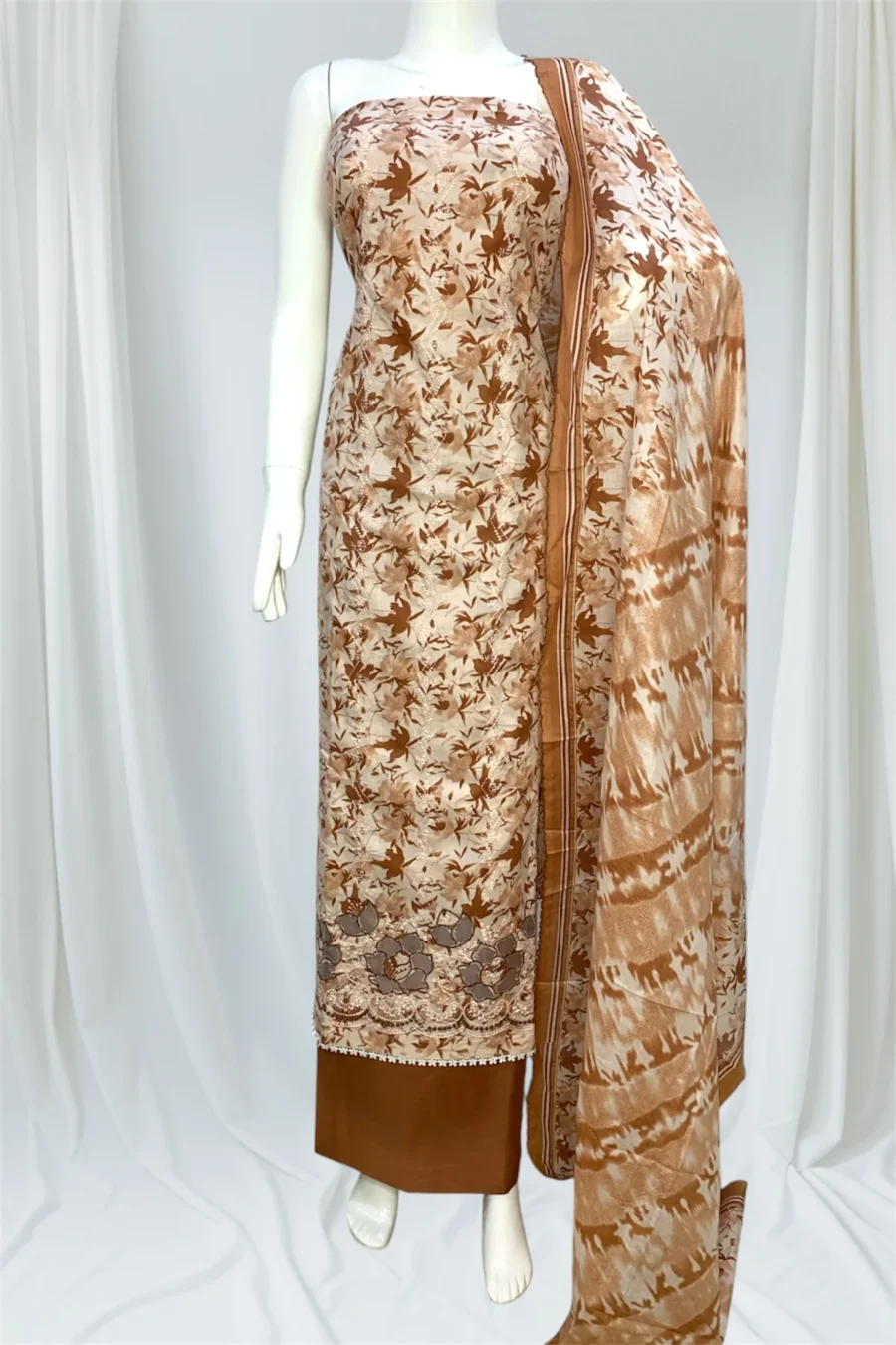 Pure Cotton Unstitched Suit with Pure Cotton Dupatta- Brown