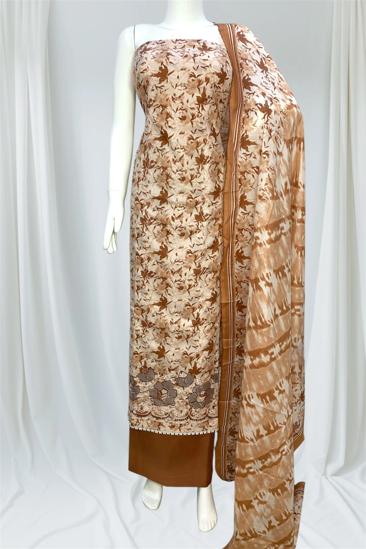 Pure Cotton Unstitched Suit with Pure Cotton Dupatta- Brown