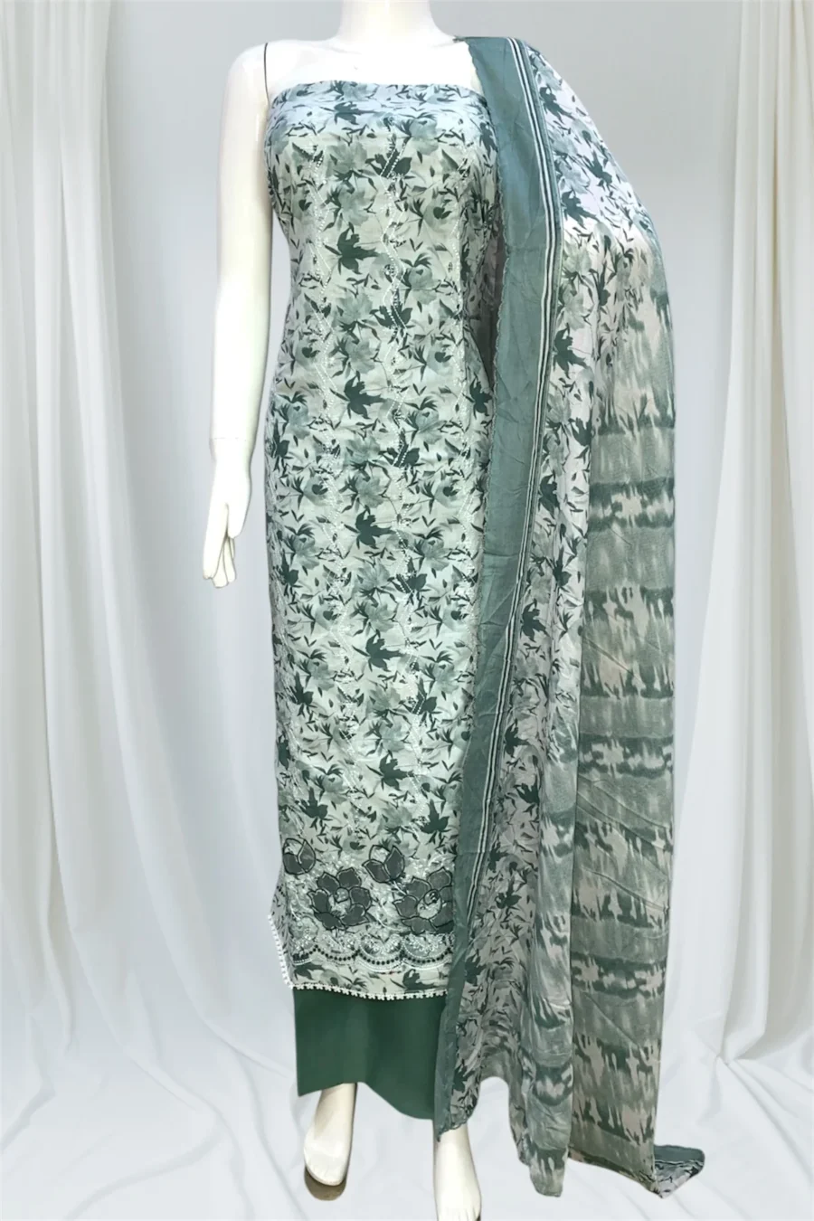 Pure Cotton Unstitched Suit with Pure Cotton Dupatta- Green