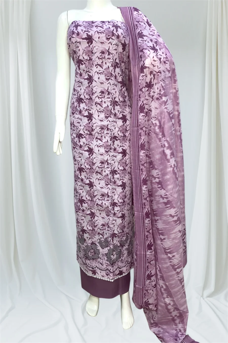 Pure Cotton Unstitched Suit with Pure Cotton Dupatta- Purple