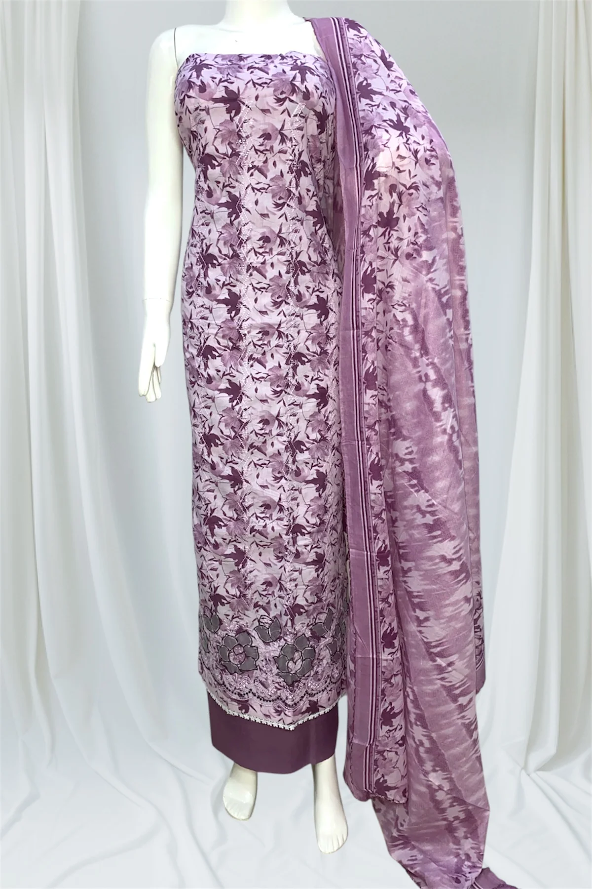 Pure Cotton Unstitched Suit with Pure Cotton Dupatta- Purple