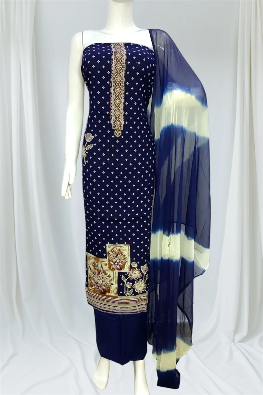 Rayon Cotton Unstitched Suit with Digital Print - Navy Blue