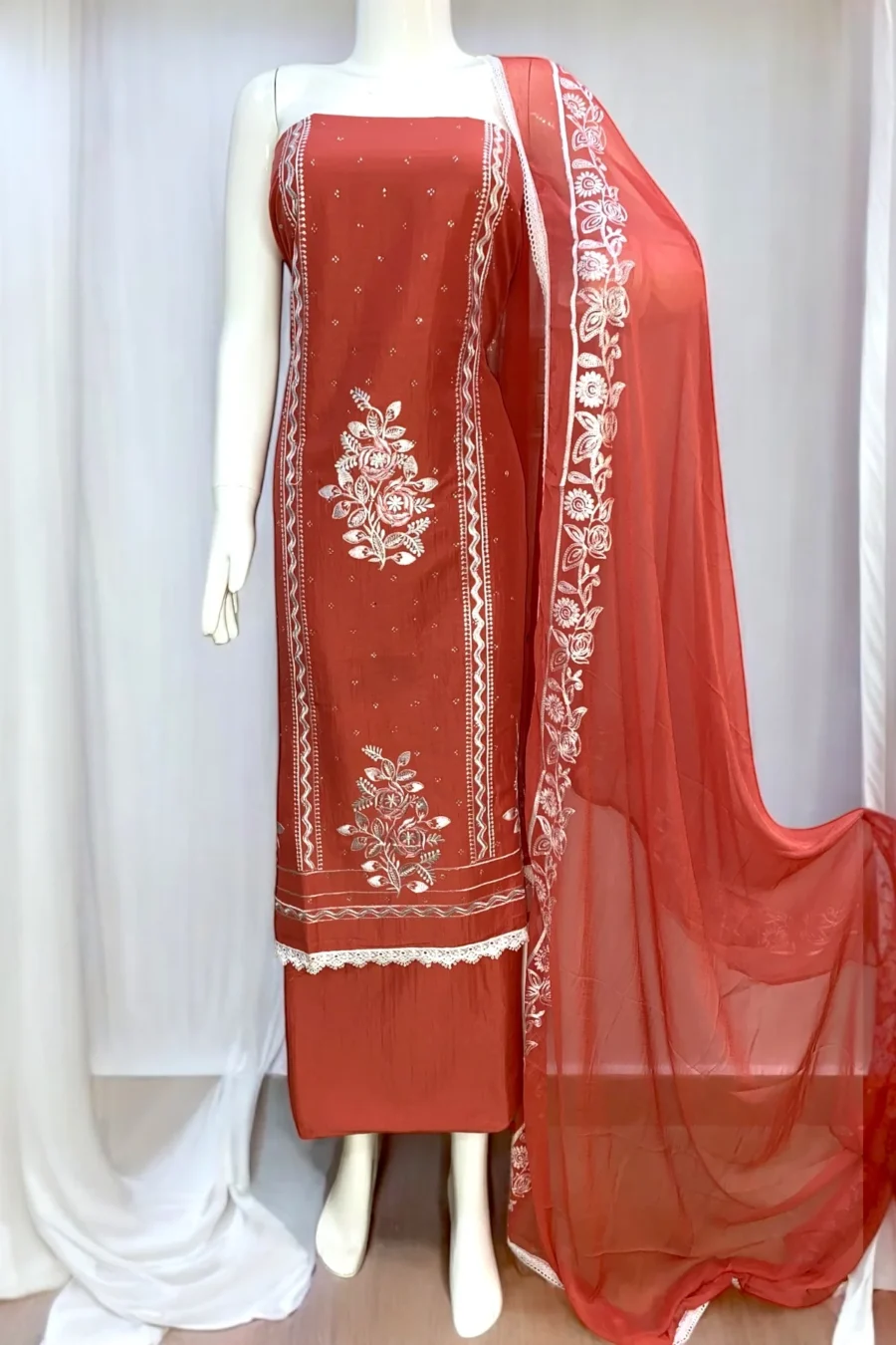 Muslin fabric unstitched suit- Coral Red